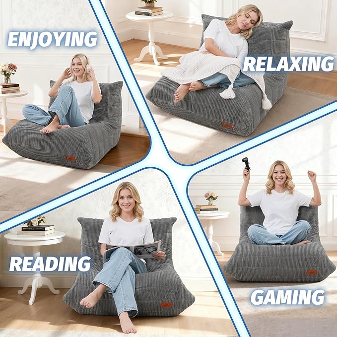 Bean Bag Chair,Giant Beanbag Chairs for Adults,Comfy Large Fireside Chair Lazy Sofa,Corduroy Bean Bag Lounger with Memory Foam Filled,Floor Sofa Couch for Home,Dorm,Living Room (Light Gray)