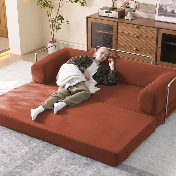 79" Convertible Sleeper Sofa Bed with Cylindrical Pillow, Corduroy Folding Mattress Couch with Fixed-Shape Frame, Floor Sofa Lounge Couch for Living Room Bedroom Lounge Studio