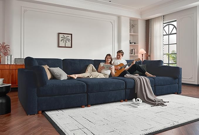 CUGOAO 117.7'' Modular Sectional Sofa, Oversized L-Shaped Sectional Couch with Ottoman, Deep Seat Chenille Cloud Couch, Mordern Upholstered Couches for Living Room, Apartment, Office, Blue