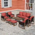 INTER HUT Rustic Hideaway Natural Cedar Wood Outdoor Furniture Set, Wicker Patio Conversation Set for Porch Garden Backyard, Couch, 4 Patio Chairs, Coffee Table and 2 Ottomans, 8 Piece, Brownish/Red