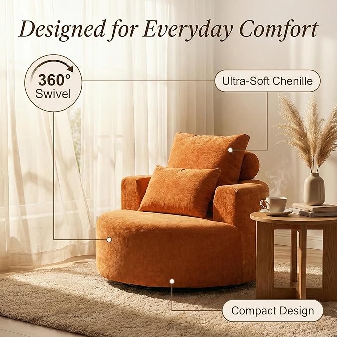 Furnimart 40" Oversized Barrel Accent Chair Set of 2, 360° Swivel Round Upholstered Sofa, Chenille High-Resilience Sponge, No Assembly, Wide Seat for Living Room, Bedroom, Apartment (Orange)