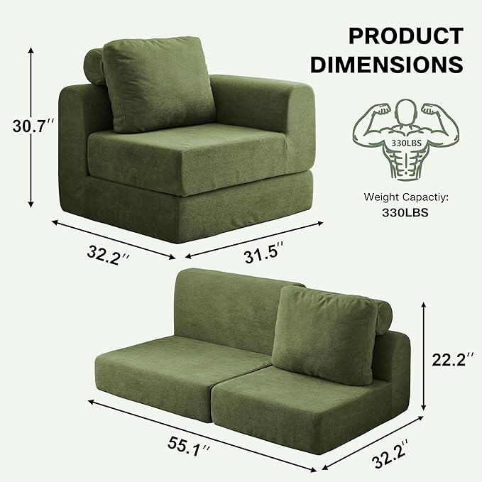 Swbvs Convertible Folding Sofa Bed, Multi-Functional Sleeper Chair with Memory Foam and Back Support – Portable Futon Couch for Living Room, Bedroom, or Small Spaces