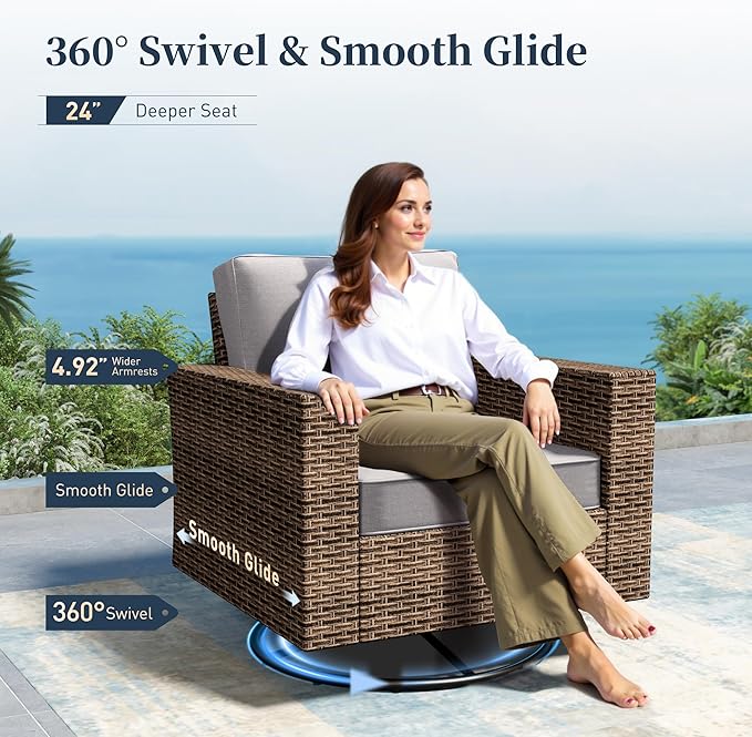SUNSHINE VALLEY Swivel Glider 4 Piece Patio Furniture Set with Swivel Chairs, Patio Set with 4.92" Extra Wide Armrest, Wicker Patio Furniture with 26.3" Deep Seating and 5.5" Thick Cushions, Grey