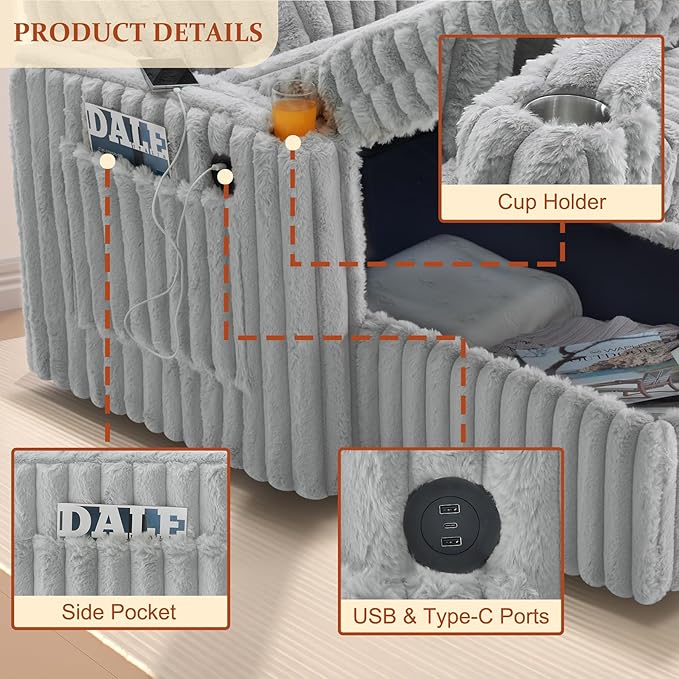 124" Sectional Sleeper Sofa with Pull Out Bed, Comfy Fluffy Plush Corduroy Cloud Sectional Couches for Living Room, U Shaped Modular Couch with Storage Chaise, Cup Holder & USB Charger, Grey