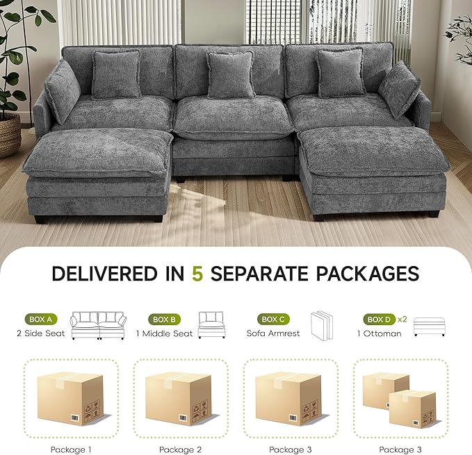 UMBFUN 3-Seater Cloud Couch with 2 Ottomans, Oversized Modular Sectional U Shaped Sofa with Deep Seat Cushions, Comfy Chenille Couch for Living Room, Grey
