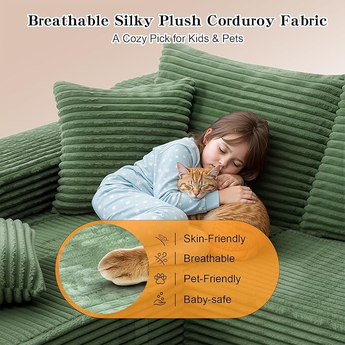 106'' Boneless Couches for Living Room, L Shaped Modular Sectional Sofa with Chaise Lounge, Faux Rabbit Fur Layered Cushion Deep Seat Cloud Couch, No Assembly (Green, 106 L Shaped Right Facing Chaise)
