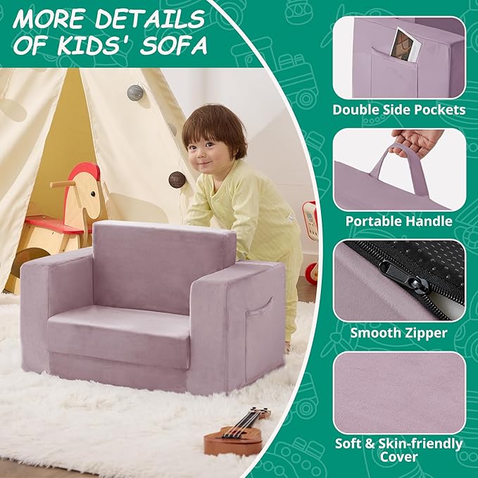 Kids Couch, 2-in-1 Toddler Chair Comfy 1-3 Years, Convertible Kids Chair, Toddler Couch That Fold Out, Kid Lounge Chairs for Boys and Girls, Soft Coral Fleece, Single, Purple