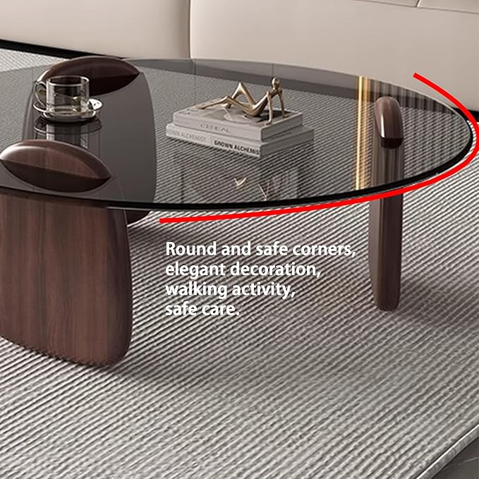 EASYSOUL Modern Round Coffee Table with Glass Top, 35.43" L x 35.43" W x 14.69" H, Circular Tea Tables for Living Room Home Office Industrial Cocktail Tables (Walunt-Grey Glass/35.43")