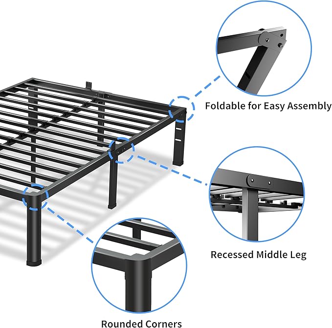 VIPSHOW 18 Inch Twin XL Bed Frame, 3500Lbs Heavy Duty Metal Platform with Round Corner Legs Mattress Slide Stopper, Steel Slat Support No Box Spring Needed, Noise Free, Non-Slip, Easy Assembly
