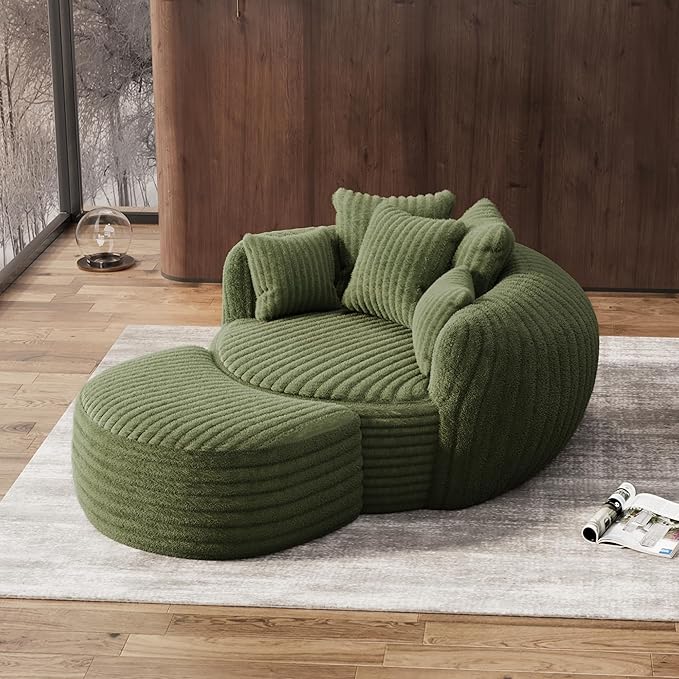 Oversized Chaise Lounge Chair Indoor with Ottoman 50.5" W x 67.0" D Round Soft Corduroy Comfy Oversized Reading Chair with 5 Pillows for Living, Reading Room - Olive Green