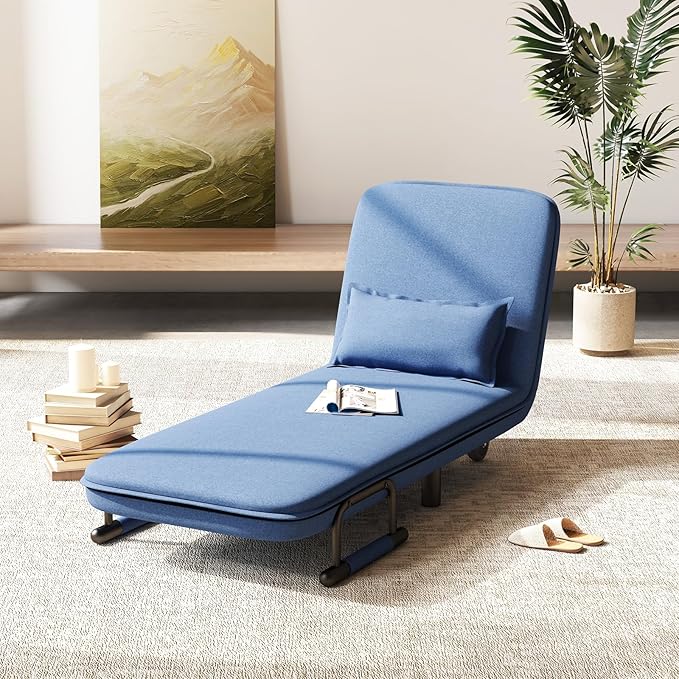 Giantex Convertible Sofa Bed, 3-in-1 Folding Sleeper Chair with 5-Position Adjustable Backrest, Wheels, 2 Legs, Recliner Chaise Lounge with Pillow, Armchairs for Nursery Living Room Office (Blue)