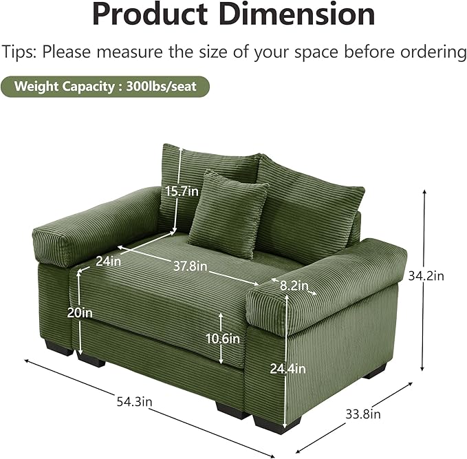 KEIKI 54" Oversized Corduroy Modular Sectional Single Sofa with High-Density Foam Cushions, Extra-Thick Armrests, Upholstered Modern 1-Seater Lounge Accent Chair with 3 Pillow, for Living Room, Green