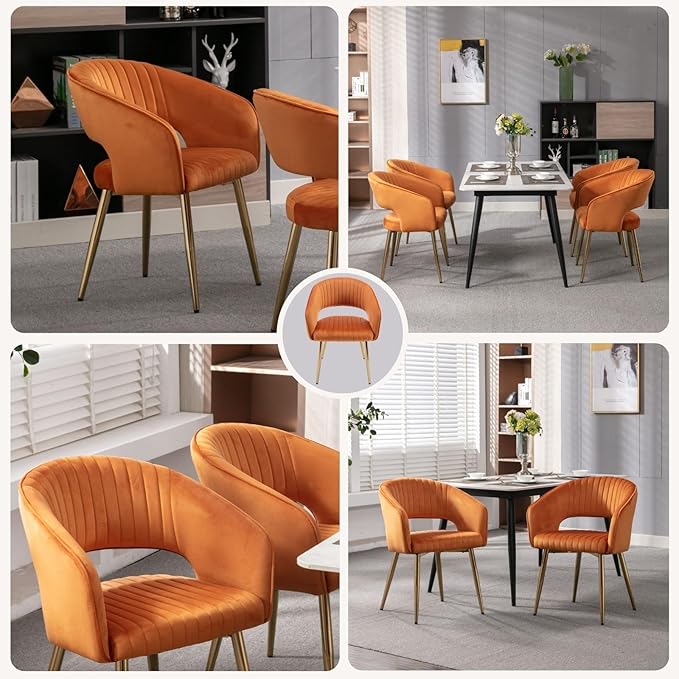 COMULER Orange Velvet Dining Chairs Gold Legs, Modern Dining Room Chairs with Arms Set of 4 Upholstered Accent Chair Armchair with Barrel Back for Kitchen Living Room
