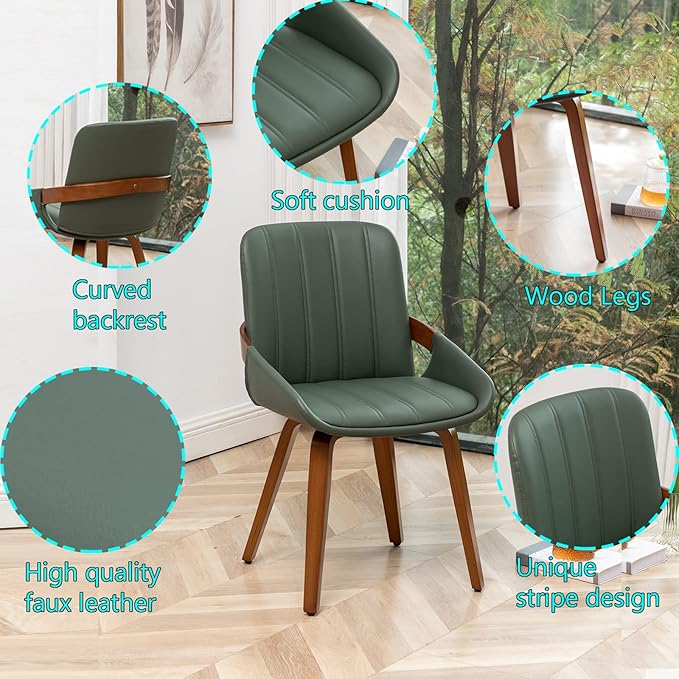 YOUUGIOR Mid Century Modern Faux Leather Upholstered Dining Room Chairs,Armless Accent Chairs with Sturdy Natural Wood Legs,Bamboo Backrest Support for Kitchen&Dining Room Chairs(1PCS,Green)