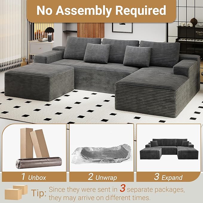 KAPEETOO Modular Sectional Sofa Cloud Couch with Right Chaise Longue, U Shaped Boneless Couch with Ottoman Deep Seat, Oversize 3-Seater Boneless Sofa Set for Living Room Bedroom (Grey)