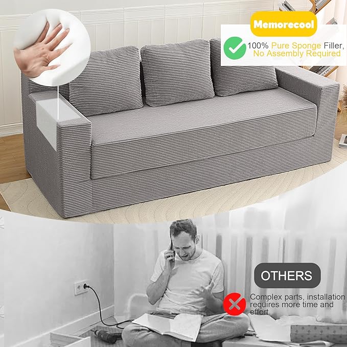 MeMoreCool Sleeper Sofa Bed – 3 Seater Convertible Floor Couch with Pillows, Grey Corduroy Foam Lounger, No Assembly Comfy Folding Futon | Space-Saving Foam Sofa for Small Rooms & Apartments