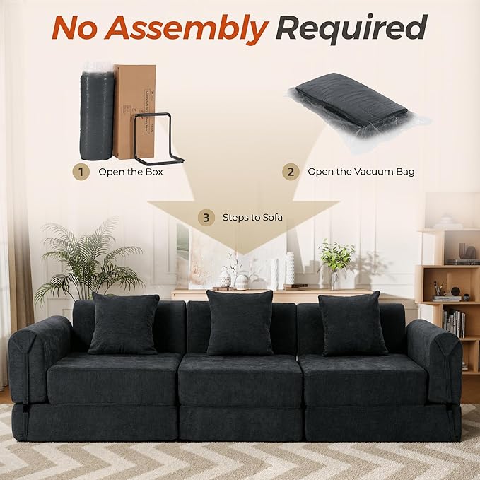 100" Oversized Convertible Sleeper Sofa Bed, Modular Sectional Cloud Sofa with Fixed-Shape Frame & Tabletop, Boneless Couch with Storage Pocket for Living Room, No Assembly Required, Black