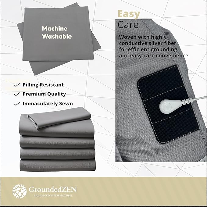 GroundedZen Premium Quality Grounding Pillowcase - Organic Cotton with Conductive Silver Threads. Grounding Cord Included. Zippered. Earth Connected Bed. 20x30 (Pillowcase Queen)