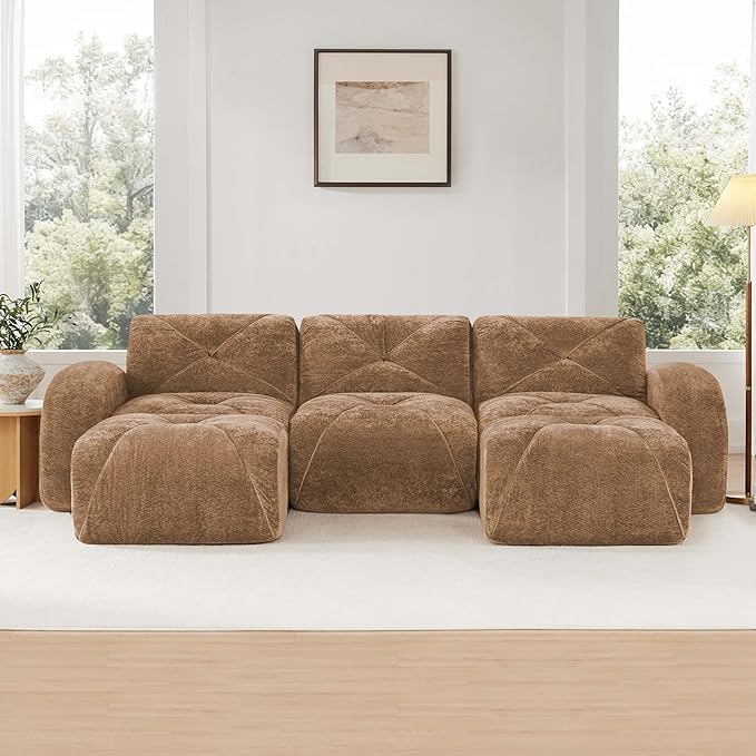 Modular Sectional Sofa with Free Combination,Boneless Floor Couch for Living Room & Lounge,Velvet 3-Seater Sectional Couch with 2 Ottomans,No Assembly Needed