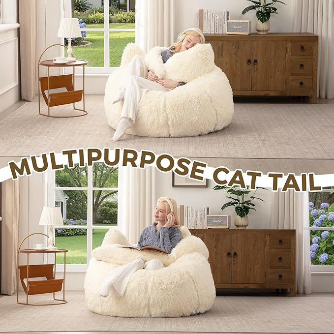 Bean Bag Chair for Adults Teen,Giant Bean Bag Chairs Cat Design,Plush Faux Fur Beanbag Couch Comfy Accent Floor Sofa for Reading, Playing, Relaxing in Living Room, Bedroom
