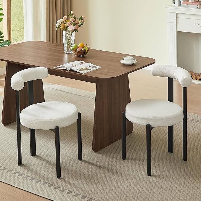 Kiztir Boucle Dining Chairs Set of 2, Modern Dining Room Chairs with Curved Backrest and Black Metal Legs, Upholstered Round Dining Accent Chairs for Kitchen, Living Room, Bedroom (Beige)