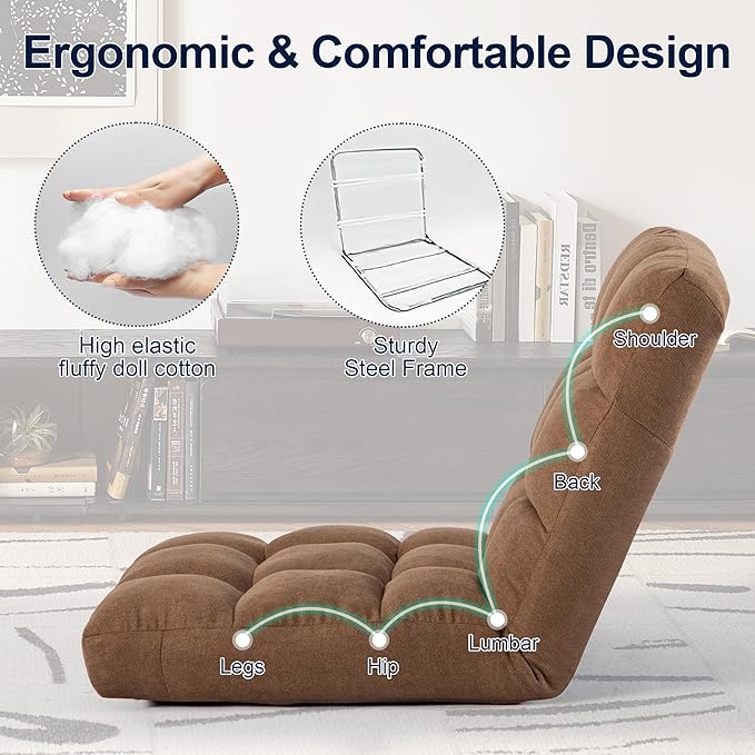 Floor Chair, 24 inches Wide Oversized Velvet Armless Lay Flat Floor seat Padded Meditation Chair with 6 Adjustable Position Ergonomic Comfortable Convenient(LRSF-006-TAN)