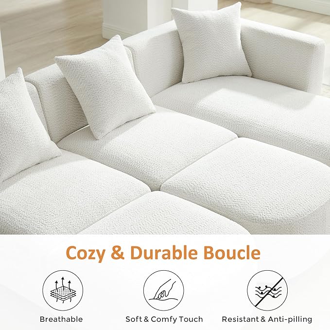 VANOMi 109.84" Modular Sectional Sofa with 3 Pillows, Convertible 5-Seater Comfy Boucle Cloud Couch with Ottoman, Modern Sectional Sofas for Living Room, Office, Apartment (White)