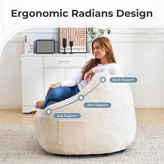 Giant Bean Bag Chair for Adults,Oversized Bean Bag with Filling Plush Fluffy,BeanBag Floor Sofa Chair with with Back Support for Living Room, Bedroom, Reading, Lvory