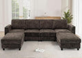 Lesofair 110" Convertible U-Shape Couch with 2 Flexible Ottomans, Soft Sectional Sofa with 2 Built-in Cup Holders, Chenille 4 Seats Sofa with Well-Filled Back Cushions for Living Room, House, Brown