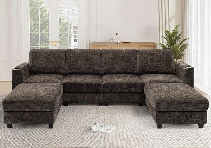 Lesofair 110" Convertible U-Shape Couch with 2 Flexible Ottomans, Soft Sectional Sofa with 2 Built-in Cup Holders, Chenille 4 Seats Sofa with Well-Filled Back Cushions for Living Room, House, Brown