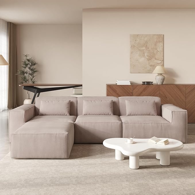 JACH L-Shaped Cloud Sectional Couch, 118" Huge Plus Modular Couch, Modern Comfy Cloud Fleece Couches with Reversible Chaise Ottoman, Sofas Furniture for Living Room, Office, Apartment, Brown