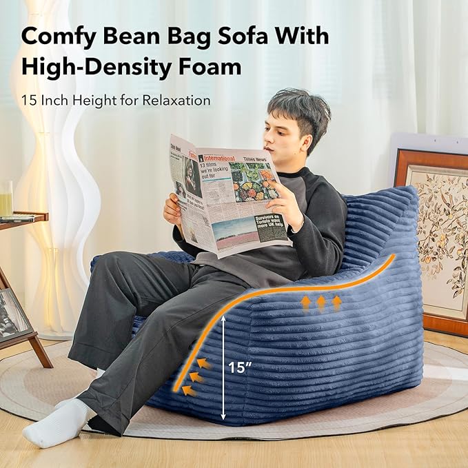 Giant Bean Bag Chair for Adults, Corduroy Upholstered Beanbag Chair with Side Pocket, Comfy Bean Bag Sofa with Portable Handle, Floor Sofa Chair for Bedroom (Blue)