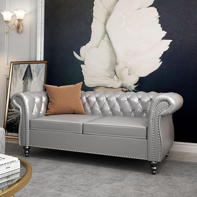 QHITTY Accent Sofa, Chesterfield Loveseat Modern Leather Couch Upholstered Sofa with Tufted Back for Living Room Furniture (Grey)