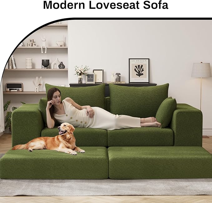 DAMAIFROM 80" Convertible Sleeper Sofa Bed with Soft Pillow, Corduroy Folding Mattress Couch with L-Shape Chaise, Modular Floor Sofa Lounge Couch for Living Room Bedroom Lounge (Olive Green)