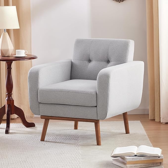 HUIMO Fabric Accent Chair, Mid Century Modern Arm Chair Button Tufted Living Room Chairs Easy to Install, Upholstered Comfy Sofa Chair for Bedroom Study Office Reading Corner (Light Grey)