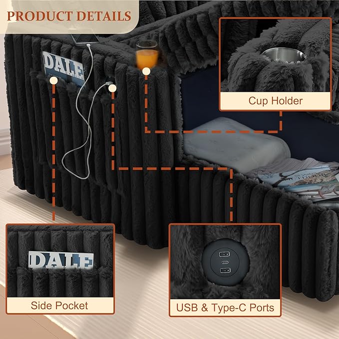 107" Sectional Sleeper Sofa with Pull Out Bed, Comfy Fluffy Plush Corduroy Cloud Sectional Couches for Living Room, U Shaped Modular Couch with Storage Chaise, Cup Holder & USB Charger, Black