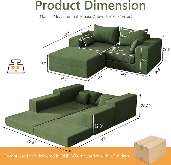 DAMAIFROM 80" Convertible Sleeper Sofa Bed with Soft Pillow, Corduroy Folding Mattress Couch with L-Shape Chaise, Modular Floor Sofa Lounge Couch for Living Room Bedroom Lounge (Olive Green)