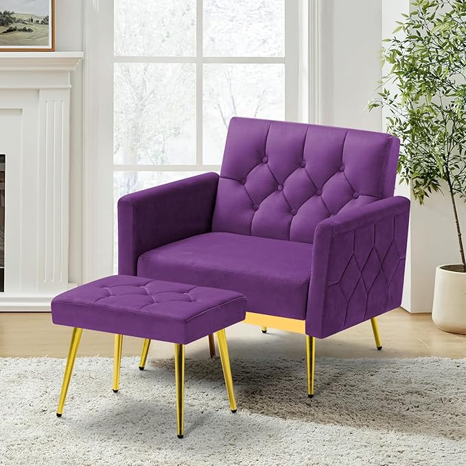 ACMEASE Velvet Accent Chair w/Adjustable Armrests and Backrests, Tufted Single Sofa with Ottoman, Upholstered Reading Chiar for Living Room, Apartment, Bedroom, Purple
