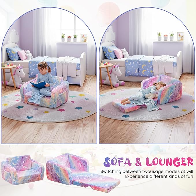 Lamerge 2-in-1 Soft Toddler Couch Fold Out,Foldable Toddler Chair, Glow in The Dark Kids Sofa for playroom,Convertible Foam and Floor Cushion for Boys and Girls (Rainbow and Unicorn)