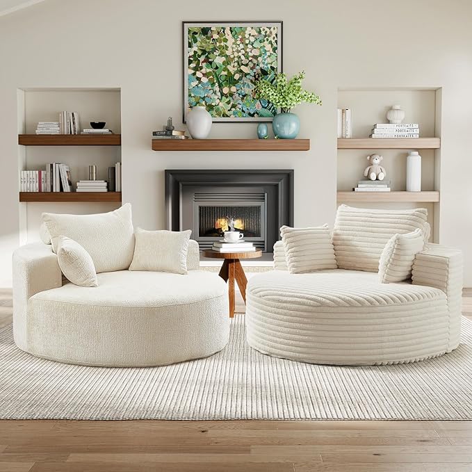 JEEOHEY Modern Round Accent Sofa Chair for Living Room, Upholstered Chenille Barrel Lounge Arm Chair with Large seat&Throw Pillows for Bedroom, Office, Apartment, Beige