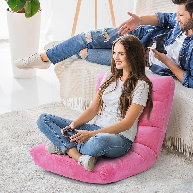 COSTWAY Floor Chair, Video Gaming Chairs with Back Support, Adjustable 14-Position, Alloy Steel Frame, Soft Coral Fleece, Lazy Sofa Lounge for Reading Living Room Recliner for Adults Kids, Pink