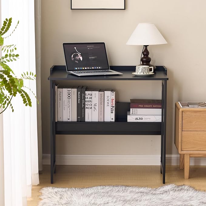 KEIKI 32.6" Folding Table with Storage Shelf, Foldable Computer Desk for Small Spaces, Space-Saving Study Table for Bedroom Home Office Dorm and Apartment, Black