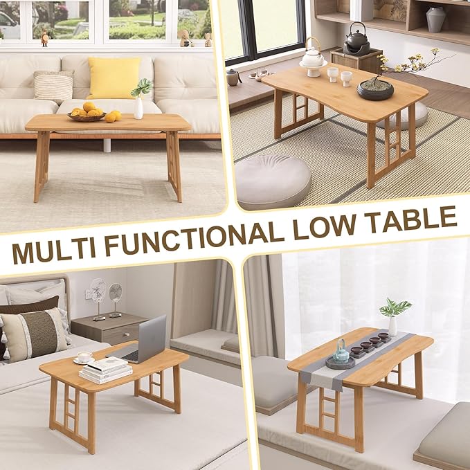 Japanese Folding Coffee Table,Bamboo Foldable Low Table for Sitting On Floor,Collapsible Floor Tea Tables,Portable Meditation Table for Tatami Living Room Bay Window Office Apartment (Wood color)
