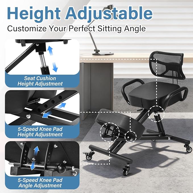 Ergonomic Kneeling Chair Height-Adjustable 32.2-36.2 in Postures Chairs with Lockable Wheels and Armrests Knee Chairs can Hold Up to 220 Lbs Kneeling Ergonomic Chair for Desk Home Meditation,Black