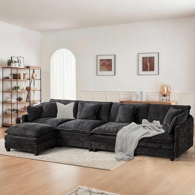SoarFlash 149.61" Chenille Sectional Sofa, Comfy L Shaped Modular Coush Sofa with Ottoman, Modern 4 Seat Couch Deep Seat Sofa Set for Living Room,Black