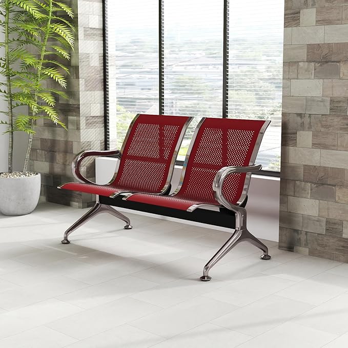Kinfant 2-Seat Waiting Room Chair - Office Guest Reception Chairs with Ergonomic Backrests, Airport Waiting Bench with Armrests, Metal Waiting Furniture for Hospital, Bank, Salon, Dark Red