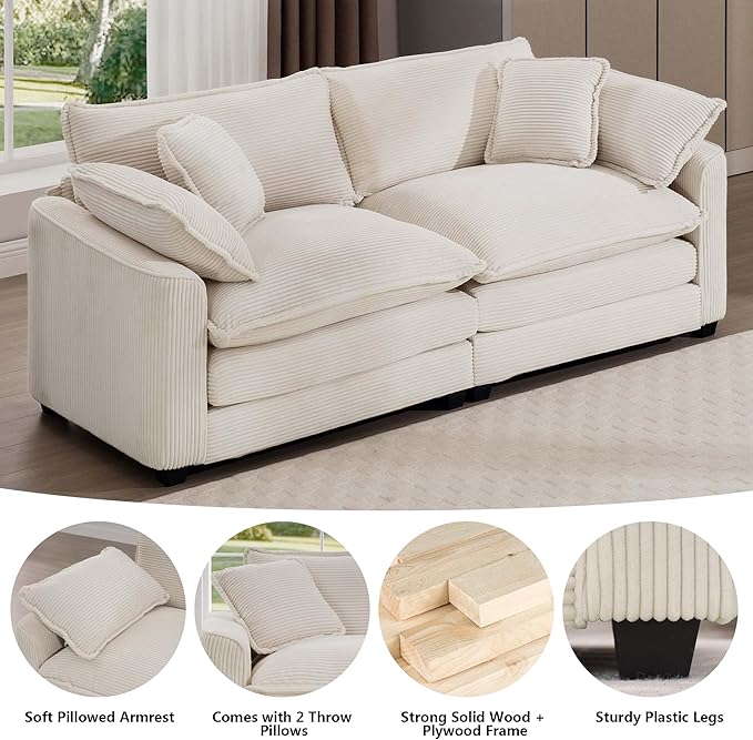 Aoowow Corduroy Loveseat Couch,Modern 2 Seater Cloud Couches for Living Room,Modular Sectional Cloud Sofas with Deep Seat,Large Love Seat for Small Spaces,Apartment,Office. (Beige, 2 Seater)