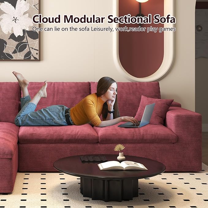 107'' U-Shaped Modern Modular Sectional Cloud Couch Whit Ottoman, 4-Seat Chenille Deep-Seat Sofa with Pillow for Living Room, Bedroom, Apartment, Wine Red