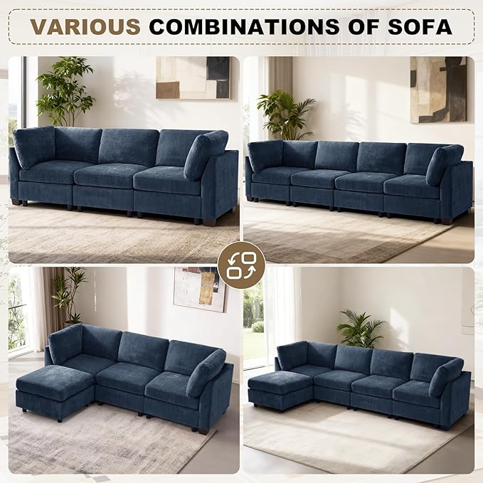 EDILLY 122 inches Oversized Modular Sectional Fabric Cloud Sofa Set, Extra Large L Shaped Couch Reversible Chaise Couch,4 Seat Modular Sofa,Blue
