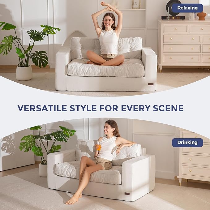 MAXYOYO Boneless Sofa Couch, Loveseat Sofa for Small Space, Tufted 2-Seater Floor Couch Bean Bag Chair for Living Room Bedroom Apartment, Sofa in a Box, No Assembly Needed, Grey